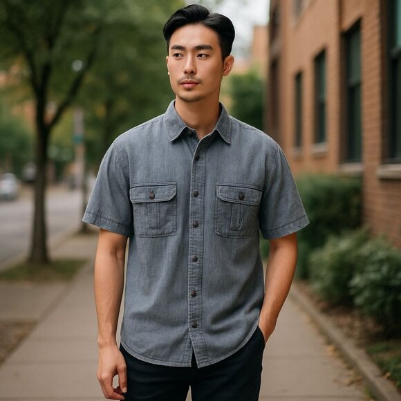 Marc Anthony Slim Fit Men Short Sleeve Button-Up Shirt Size L Blue Dotted Cotton - Picture 1 of 7